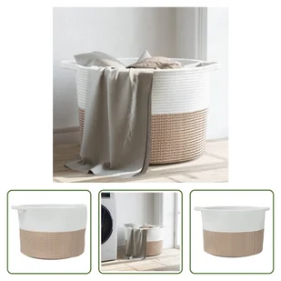 The Living Store Kosz na pranie brązowo-biały Ø55x36 cm bawełna - Kosze na bieliznę - miniaturka - grafika 1