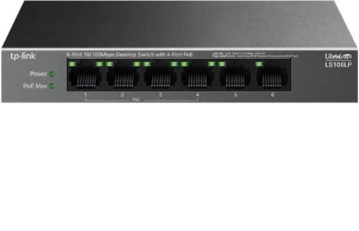 Switch TP-Link 6-Port 10/100 Mbps Desktop Switch with 4-Port PoE+ PORT 4x 10/100 Mbps PoE+ Ports 2x 10/100 Mbps Non-PoE Ports MS106LP