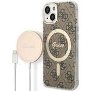 Etui i futerały do telefonów - Guess Etui 4G Print do Apple iPhone 14 Brązowy + Ładowarka MagSafe - miniaturka - grafika 1