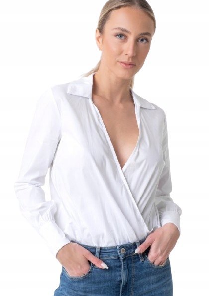 GUESS BIAŁE BODY DAMSKIE Z DŁUGIM RĘKAWEM Z KOŁNIERZYKIEM S GXA