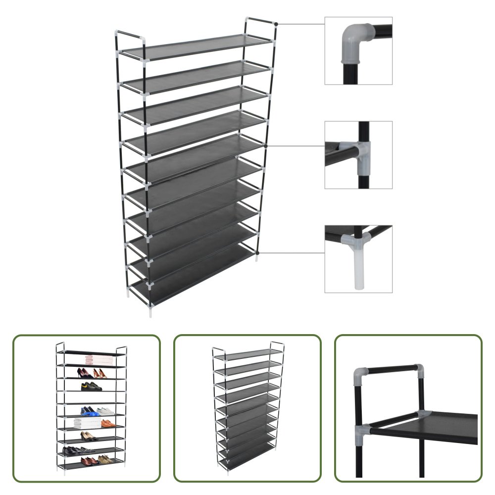 The Living Store Stojak na buty z 10 półkami Metal i włóknina Czarny