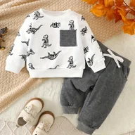 Dresy i komplety dla chłopców - TEMU Bluza z Nadrukiem Dinozaura + Szare Spodnie Dresowe 2 szt. Uroczy Zestaw Casual, Idealny na Zewnątrz - miniaturka - grafika 1