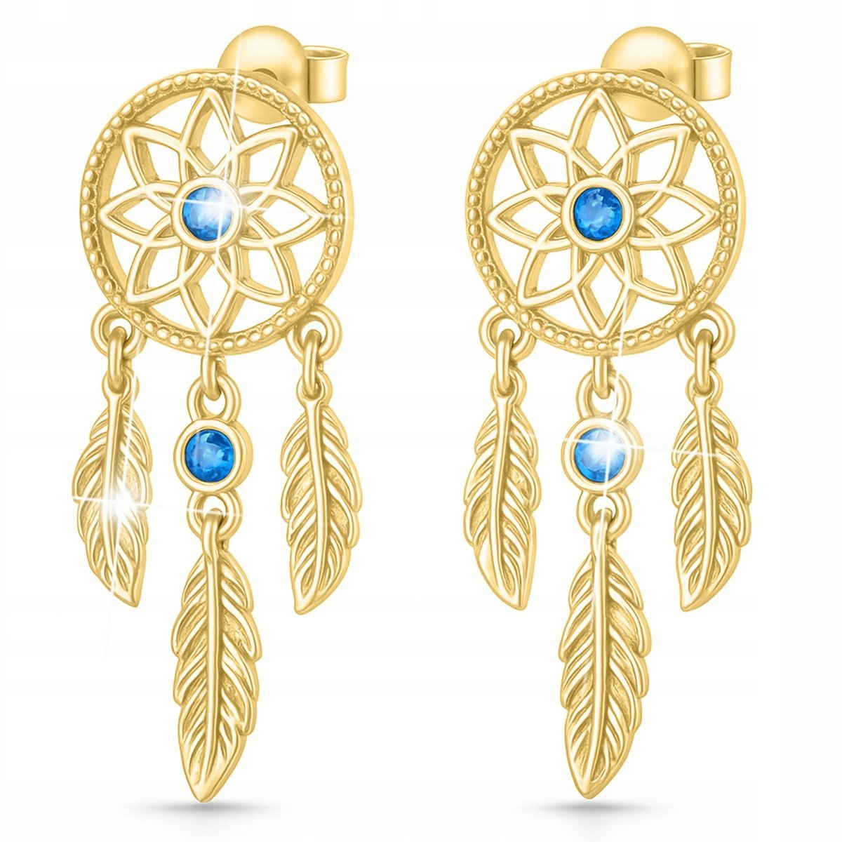 Złote Kolczyki Łapacz Snów Kółka Pióra z Niebieskim Oczkiem SREBRO 925