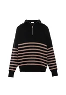 Swetry damskie - Blonda Damski sweter z dzianiny w paski z zamkiem błyskawicznym i Stehrevers akryl czarny beżowy rozmiar XL/XXL, czarny, beżowy, XL - miniaturka - grafika 1