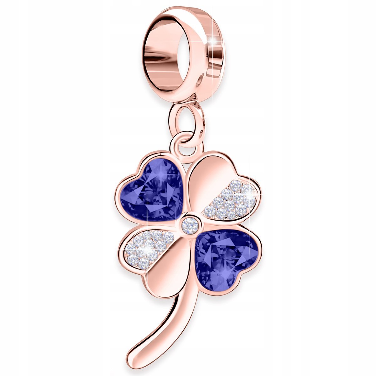 Charms Pozłacany Koniczyna Niebieskie Serca z Białymi Cyrkoniami SREBRO 925
