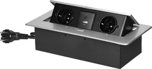 Orno Gniazdo meblowe wpuszczane w blat z płaskim frezowanym rantem, ładowarką USB i przewodem 1,5m, 2x2P+Z Schuko, 2xUSB typ A+C;3,6A, srebrne - Gniazdka elektryczne - miniaturka - grafika 1