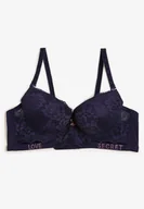 Biustonosze - Granatowy Biustonosz Push-Up Ozdobiony Koronką i Napisami z Cekinami Elisei - Renee - miniaturka - grafika 1