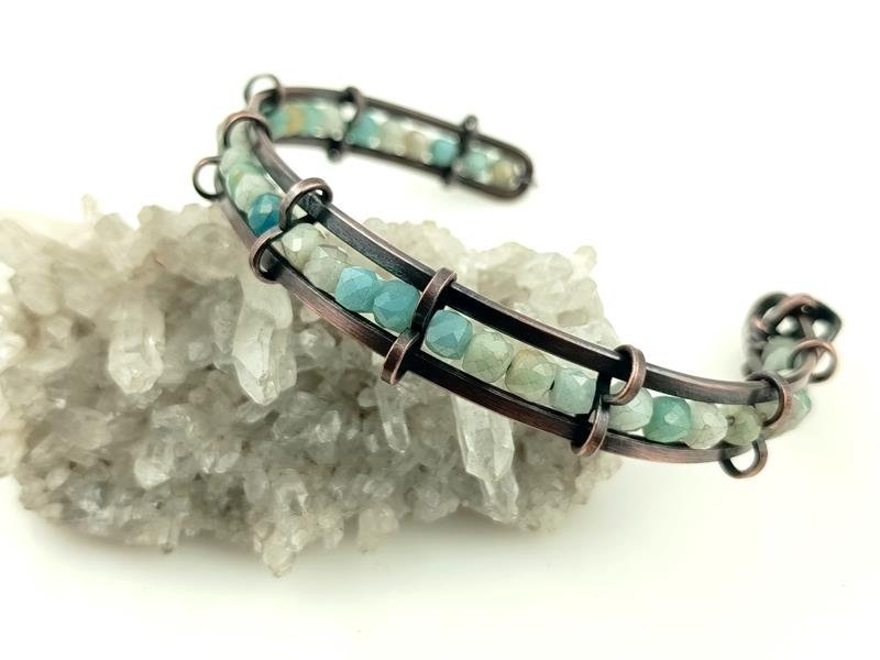 Męska bransoleta miedziana z kostkami amazonitu, obwód 20 cm, regulowany, waga 18 gram, rękodzieło