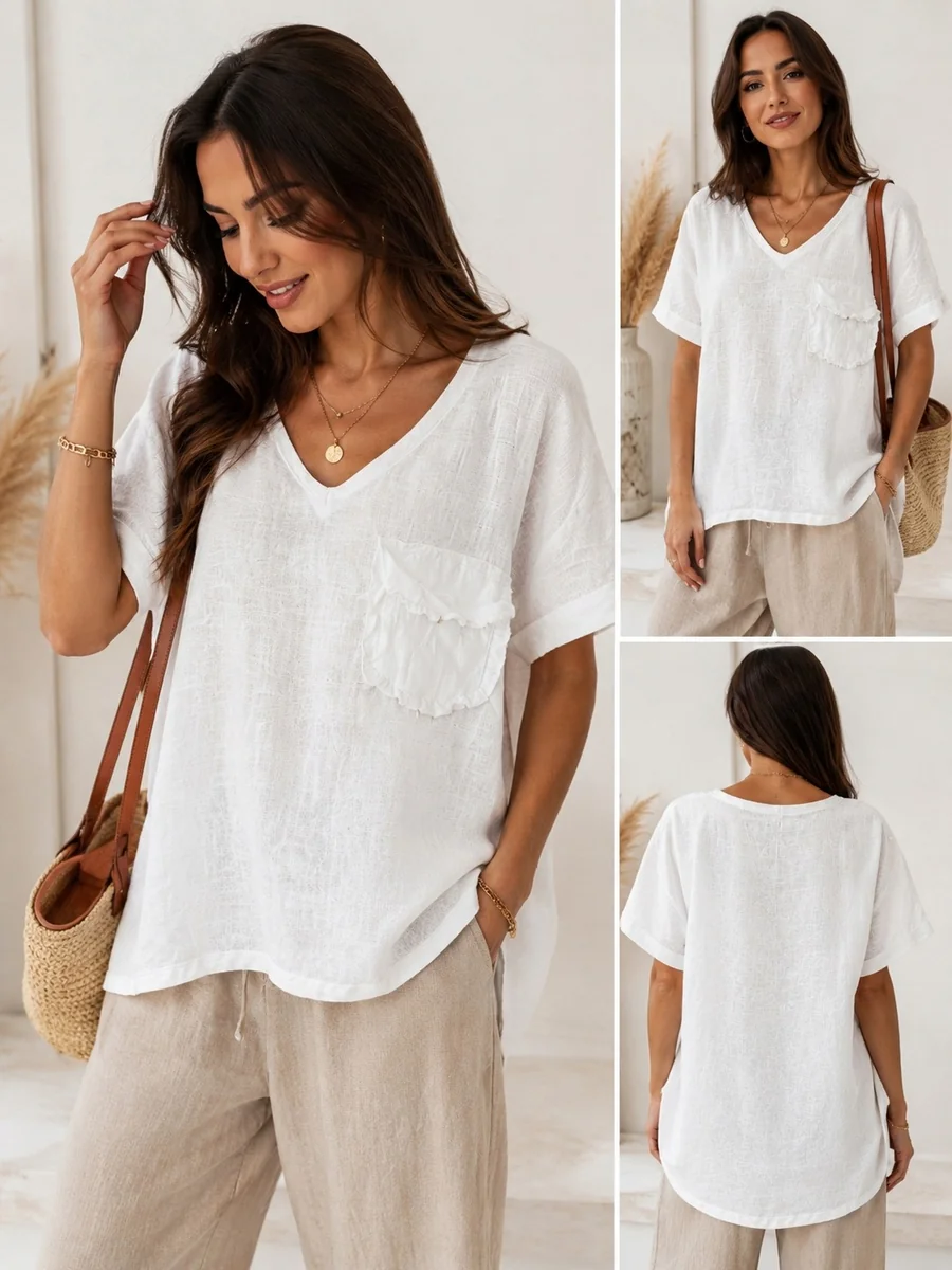WIYA Bluzka Damska 100% Len Lniana Oversize Kieszonka V-Neck Uni