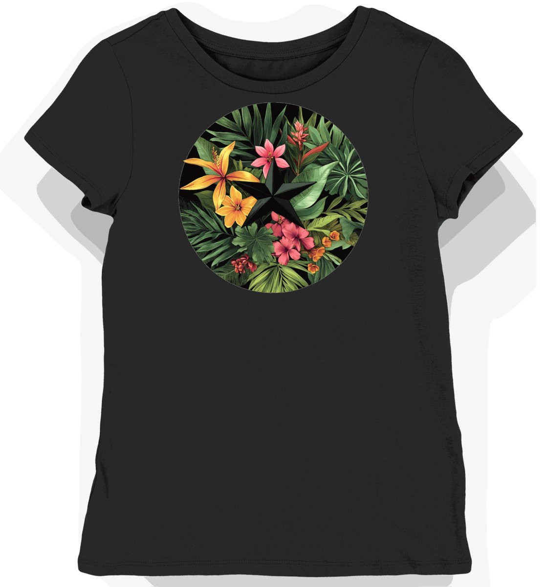 Koszulka damska czarna z motywem egzotycznych kwiatów M