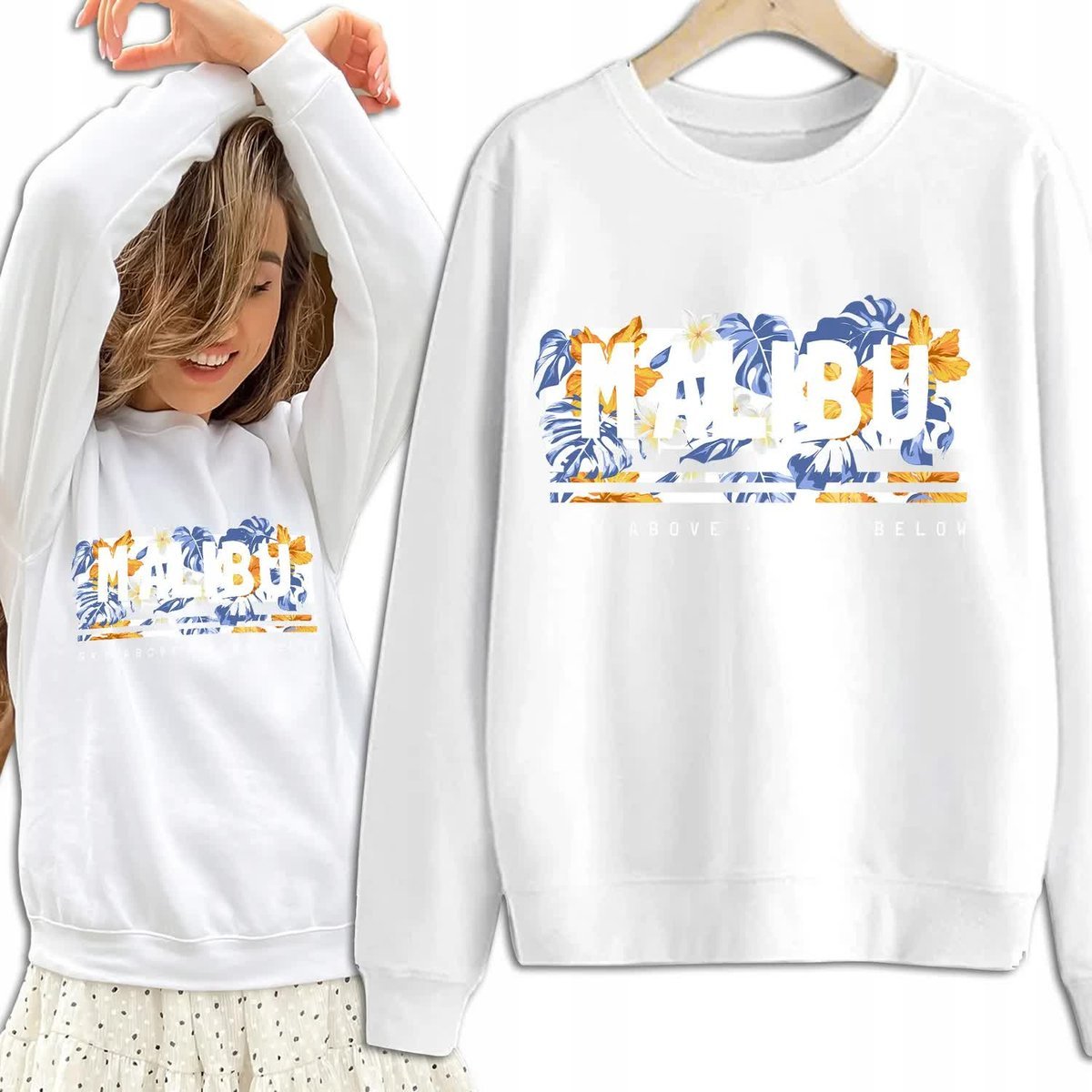 Bluza Damska Biała Dresowa MALIBU Kobiece Dziewczęce Piękne Wzory Rozmiar S