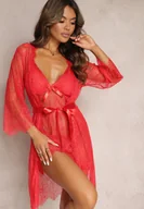 Szlafroki damskie - Czerwony Prześwitujący Szlafrok ze Stringami Placitra - miniaturka - grafika 1