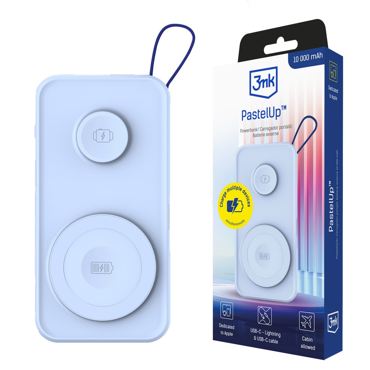 Niebieski Powerbank 2w1 3mk PastelUp v2 LED 10,000mAh Qi 22.5W + Kabel USB-C/Lightning