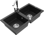 Zlewozmywaki z baterią - Mexen Mario zlewozmywak granitowy 2-komorowy z baterią kuchenną Rita, czarny/srebrny metalik - 6504-73-670300-00 - miniaturka - grafika 1