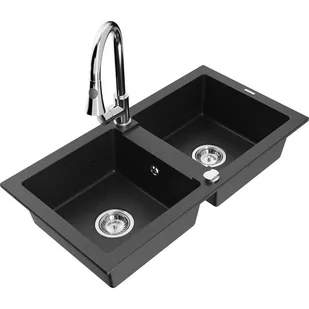 Mexen Mario zlewozmywak granitowy 2-komorowy z baterią kuchenną Elia, czarny/srebrny metalik - Zlewozmywaki z baterią - miniaturka - grafika 1