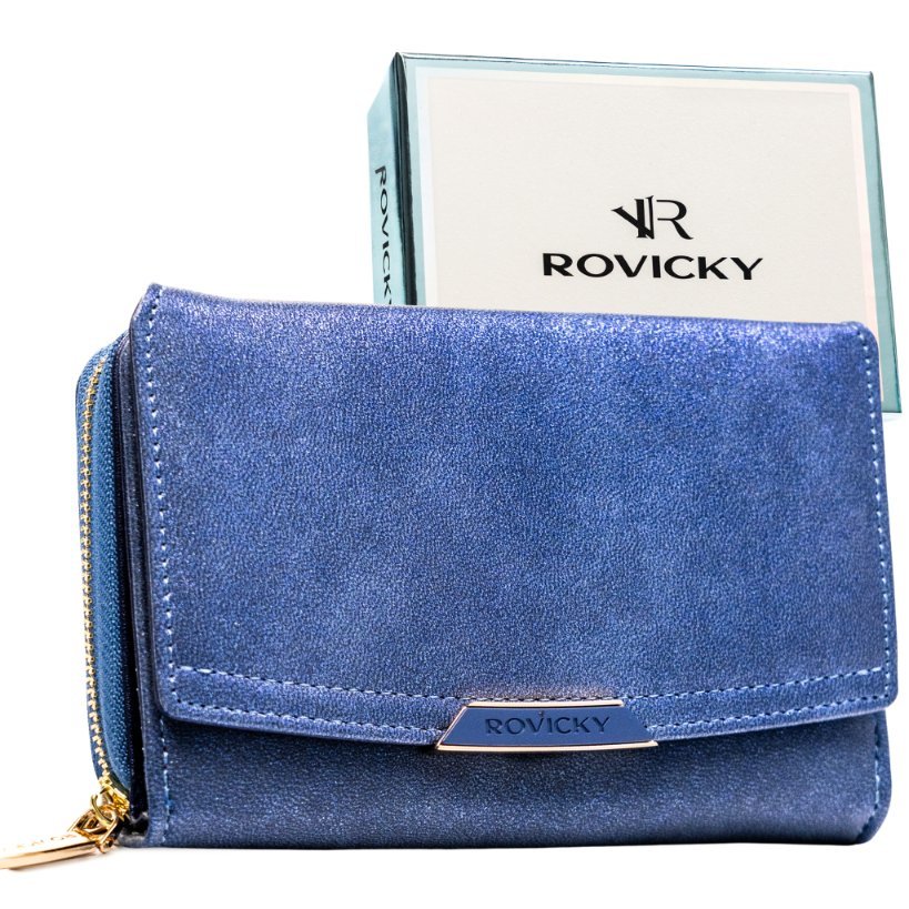 Granatowy portfel damski ROVICKY mały portmonetka na zatrzask i suwak elegancki ochrona RFID na prezent