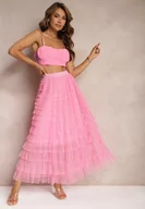Spódnice - Różowa Spódnica Tiulowa z Gumką w Talii Ozdobiona Falbanami Missalisha - miniaturka - grafika 1