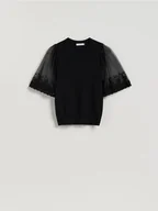 Bluzki damskie - Reserved - Bluzka z ozdobnymi rękawami - czarny - miniaturka - grafika 1