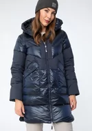 Płaszcze damskie - Damski płaszcz puchowy z łączonych materiałów z kapturem granatowy XS - miniaturka - grafika 1