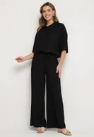 Komplety damskie - Czarny Wiskozowy Komplet Oversize Koszula z Krótkim Rękawem i Spodnie Dovilissea - miniaturka - grafika 1