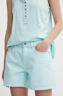 Spodenki damskie - Pepe Jeans szorty jeansowe damskie kolor turkusowy gładkie high waist - miniaturka - grafika 1