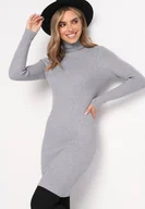 Sukienki - Szara Dopasowana Sukienka Mini z Prążkowanej Dzianiny i Golfem Helmine - miniaturka - grafika 1