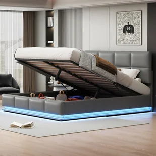Łóżko tapicerowane Flieks z diodami LED, łóżko na sprężynach hydraulicznych 180x200 cm z listwową ramą i schowkiem, łóżko podwójne drewniane łóżko młodzieżowe imitacja skóry, jasnoszare - Łóżka - miniaturka - grafika 1