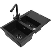 Zlewozmywaki z baterią - Mexen Gaspar zlewozmywak granitowy 1,5-komorowy z ociekaczem i baterią kuchenną Duero, czarny - miniaturka - grafika 1