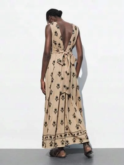 SHEIN BEŻOWA SUKIENKA MAXI W KWIATOWY PRINT Z ODKRYTYMI PLECAMI 38 2BA