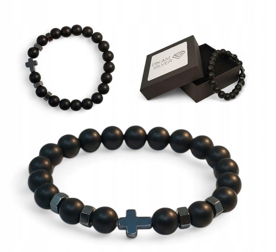 Bransoletka Z Kamieni Naturalnych 8mm Onyks Matowy Z Krzyżykiem Na Gumce