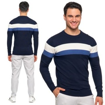 Sweter Męski Z Okrągłym Dekoltem W Paski Granatowy Wiskoza Moraj R.xxl