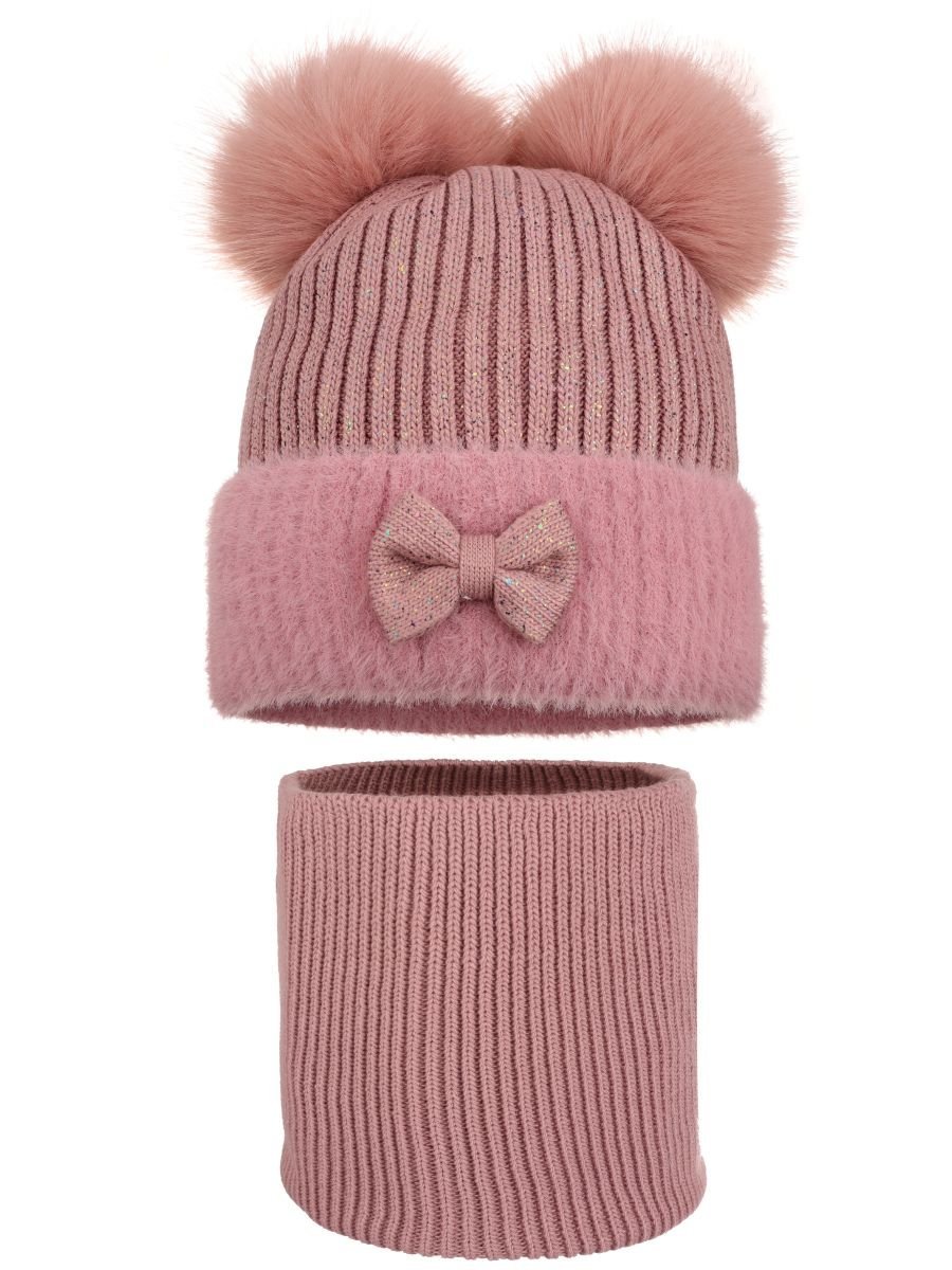 Dziewczęcy komplet zimowy czapka z pomponami i komin różowy Ambra r.46/50