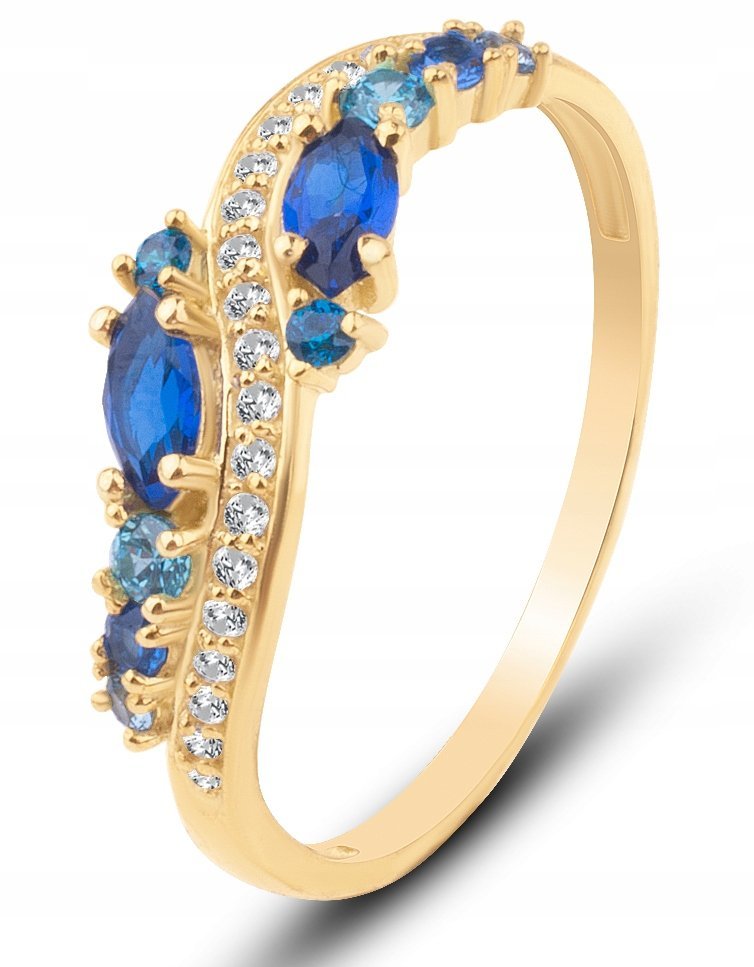 ZŁOTY PIERŚCIONEK Z BIAŁYMI I NIEBIESKIMI KAMIENIAMI ONDA BLU 333 8KT