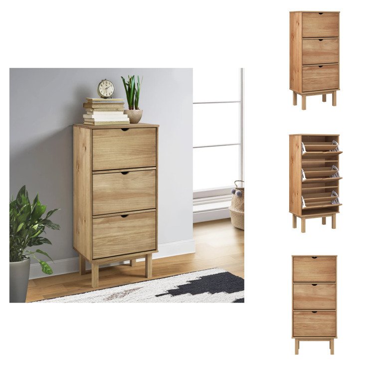 vidaXL Szafka na buty OTTA z 3 szufladami brązowa z litego drewna sosnowego - Półki i szafki na buty