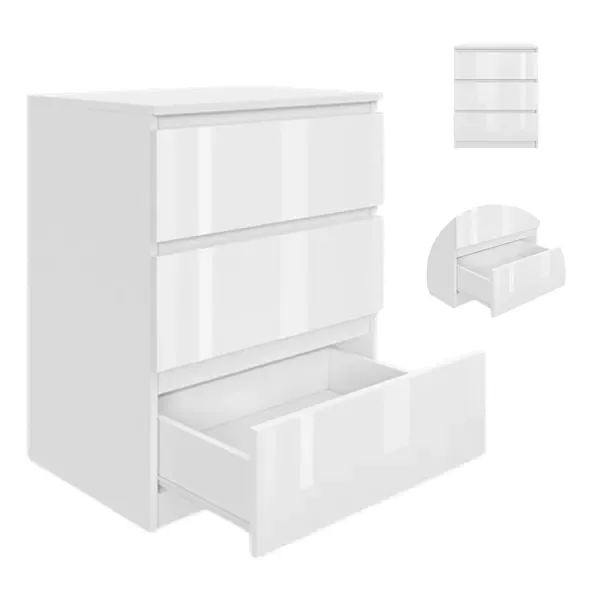 Komoda Z Szufladami 61X75X40Cm Szafka Regał Słupek 3 Szuflady Biały Połysk