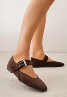 Baleriny - Ciemnobrązowe Balerinki Vices w Krowie Łaty ze Skórzaną Wkładką i Szerokim Paskiem ze Sprzączką Rilucea - miniaturka - grafika 1