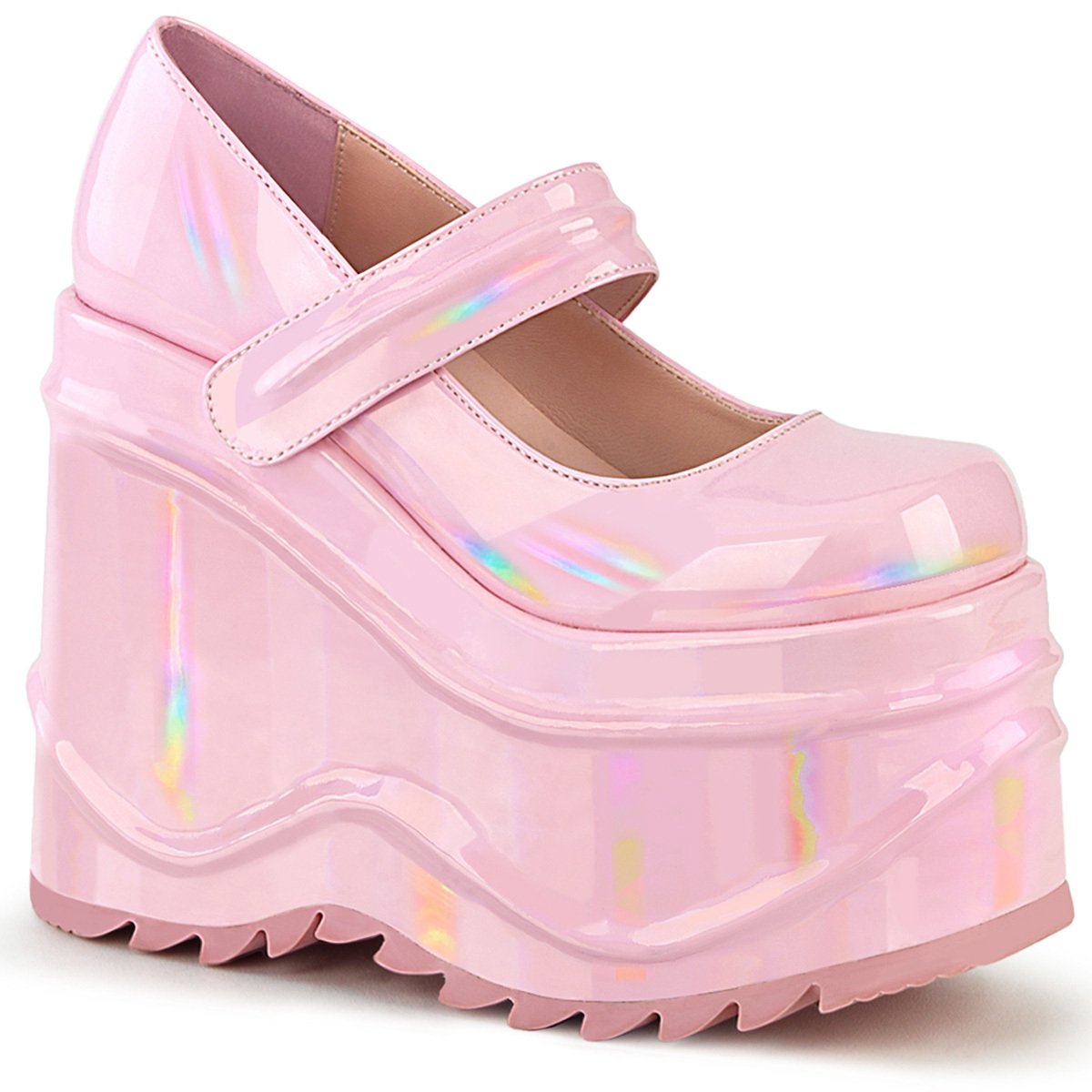 WAVE-32 DemoniaCult damskie czółenka na koturnie zapinane na rzep babypink hologram