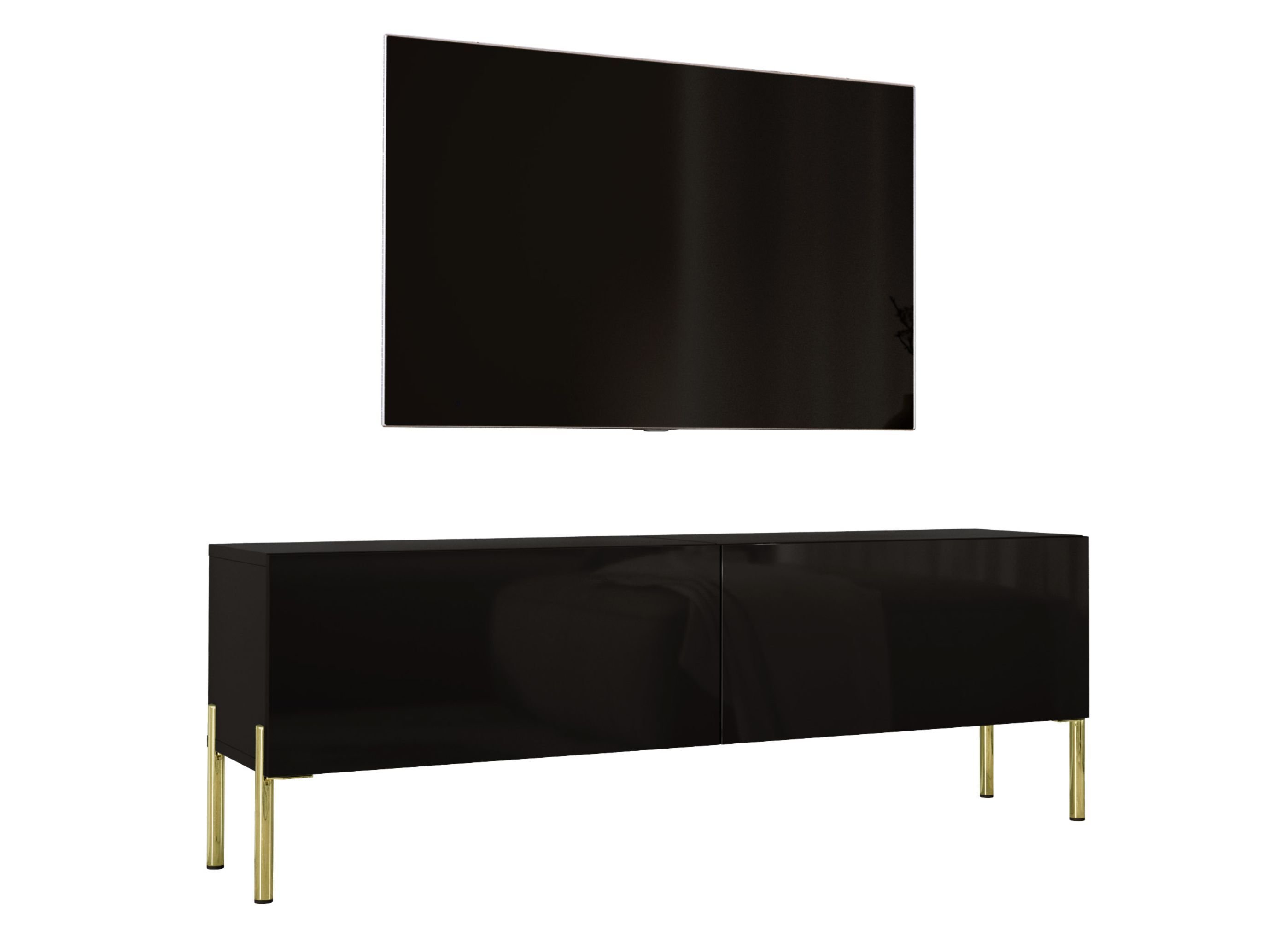 Szafka pod telewizor w kolorze czarnym matowym / czarnym błyszczącym z nogami w kolorze złotym, A: szer: 140 cm cm, wys: 52 cm, gł: 32 cm. Meble pod telewizor, stolik pod telewizor, ława pod telewizor