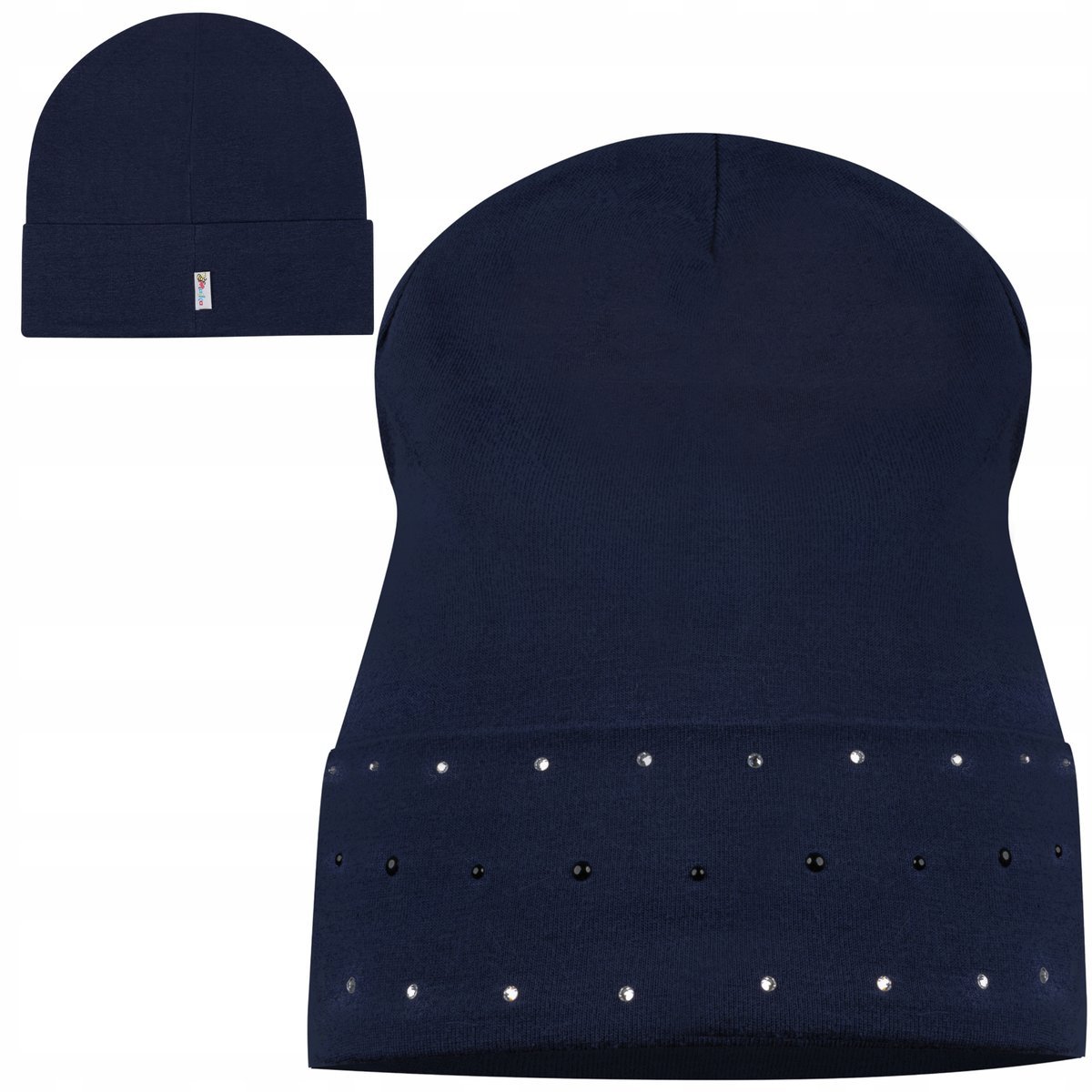 Czapka Czapeczka 42/44 Bawełniania Dziewczęca Ozdobna Dżety Granatowa