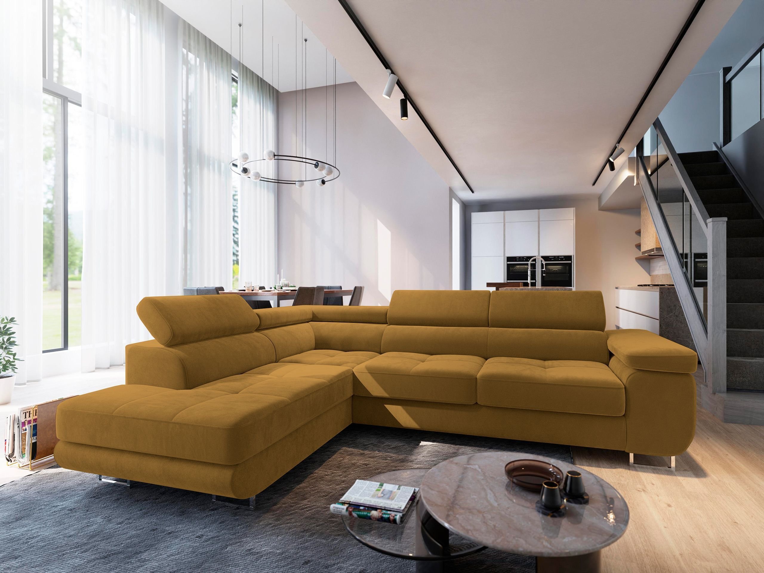 Masseno Narożnik SELVA L-S z funkcją spania i pojemnikiem na pościel Kształt L, Rozkładana sofa, Rogówka - Żółty, MONOLITH 48