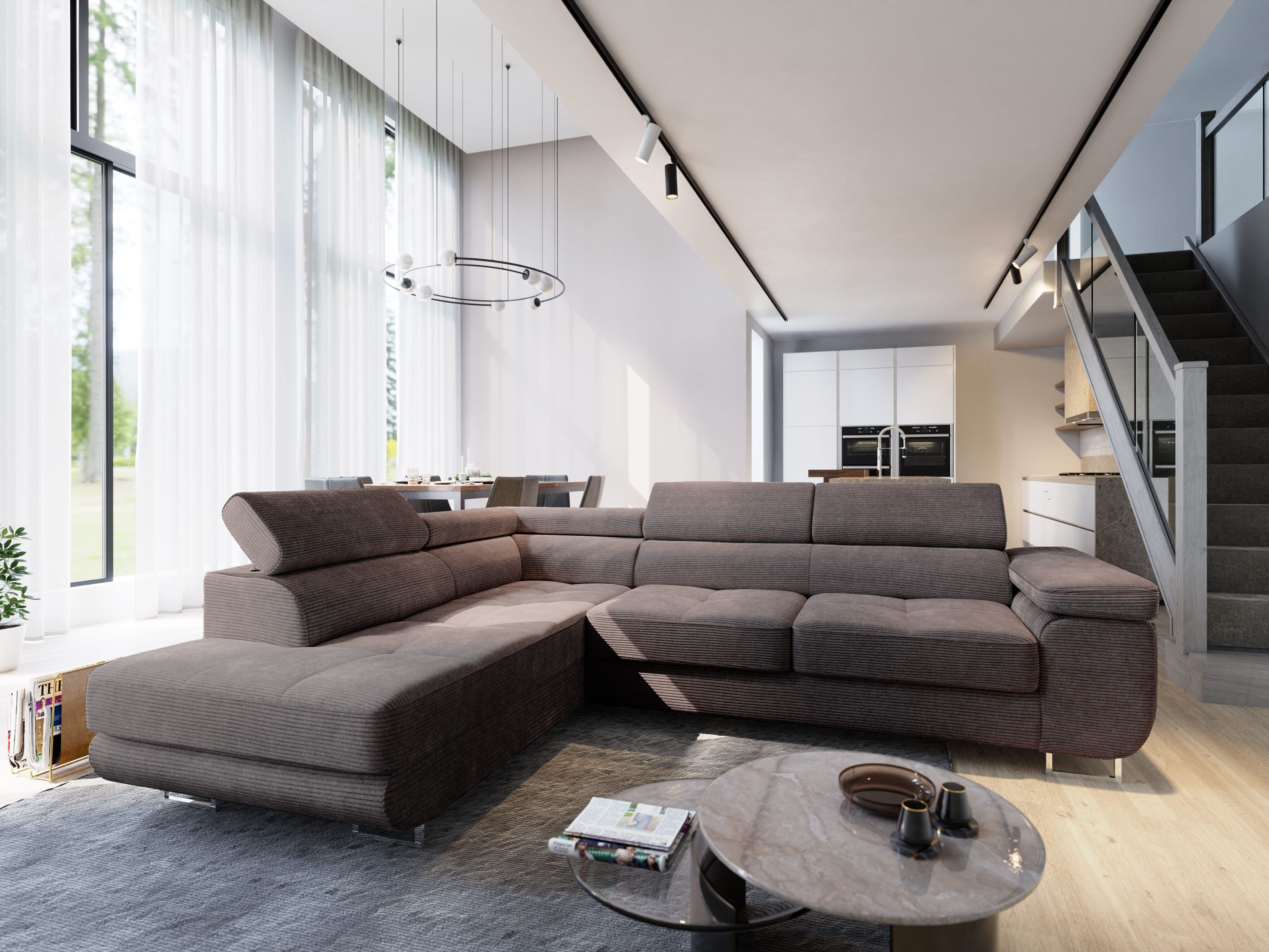 Masseno Narożnik APIRO L-S z funkcją spania i pojemnikiem na pościel Kształt L, Rozkładana sofa, Rogówka - Brązowy, POSO 06