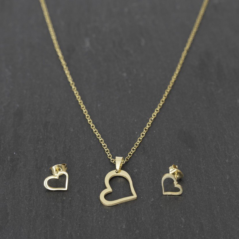 Złoty Zestaw Damski Naszyjnik i Kolczyki Serce Stal Szlachetna Pozłacana