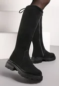 Kozaki damskie - Czarne Kozaki za Kolano na Platformie ze Ściągaczem Elindor - Renee - miniaturka - grafika 1