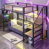 Łóżka dla dzieci i młodzieży - Łóżko piętrowe 90 x 200 cm z wielofunkcyjną siatką i otwartą szafą - Metal i MDF - Diody LED - Czarny (Bez materaca) - miniaturka - grafika 1