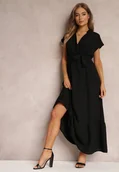 Sukienki - Czarna Kopertowa Sukienka z Gumką w Talii i Wiązaniem Mylelse - miniaturka - grafika 1