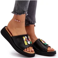 Klapki i japonki damskie - Vinceza Skórzane Klapki Damskie Z Ozdobą Czarne Asames - miniaturka - grafika 1