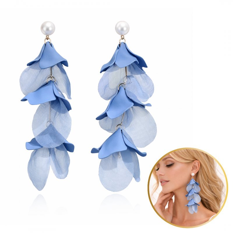 Kolczyki Wiszące Efektowne Tiulowe Niebieskie Z Perełkami Sztyft