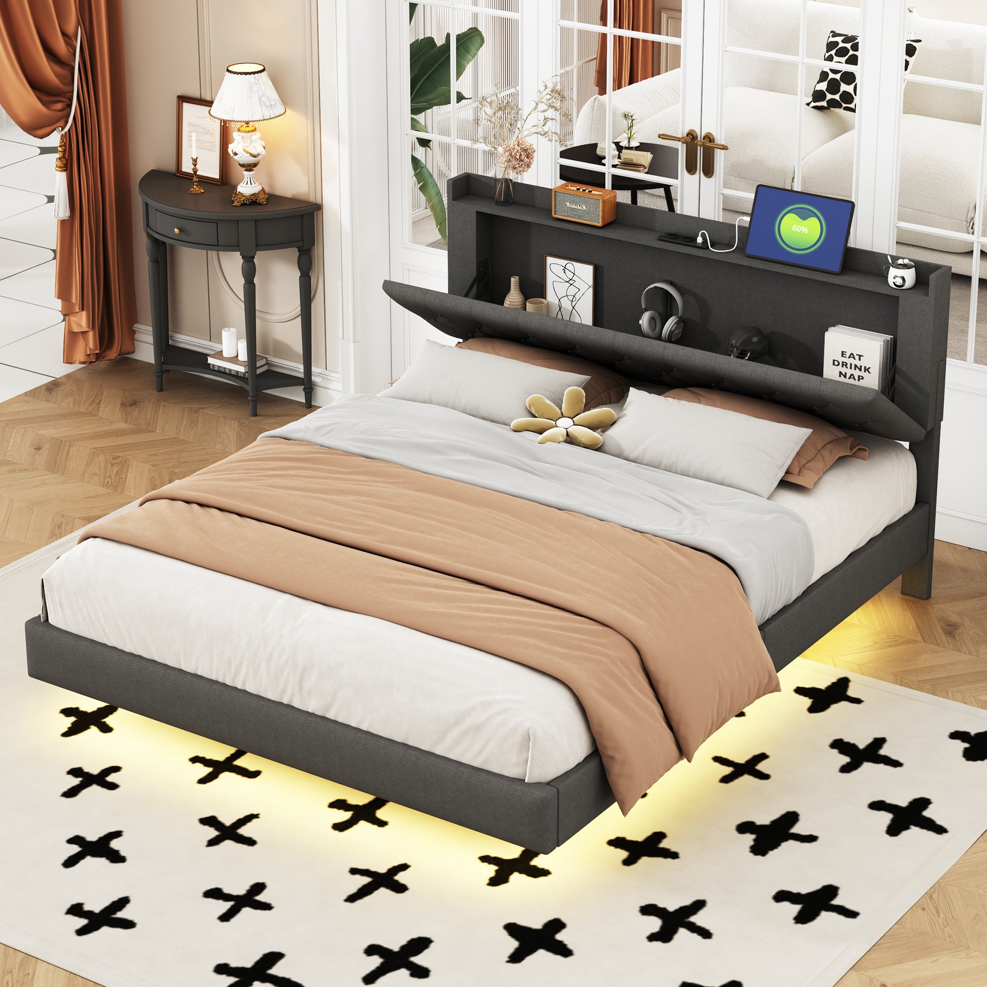 Łóżko tapicerowane Flieks 160x200cm z USB, podwójne łóżko młodzieżowe z LED, klasyczne łóżko drewniane z zagłówkiem i stelażem z listew, len, szare
