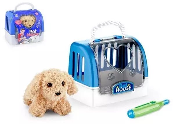 Zwierzęta piesek z akcesoriami w transporterze