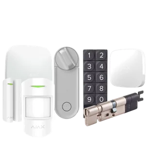 Bezprzewodowy zestaw Ajax + Yale (Yale Linus® Smart Lock L2 srebrny z regulowaną wkładką Yale Linus®i klawiaturą; Ajax: Hub 2, czujnik ruchu MotionProtect PIR, FIREPROTECT 2 RB (ciepło/dym), DoorProtect) (biały) - Systemy inteligentnych domów - miniaturka - grafika 1
